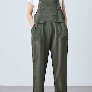 Combinaison en lin vert d'été pour femmes, salopette décontractée en lin, salopette en lin, sarouel barboteuse grande taille avec poches C1697 image 3