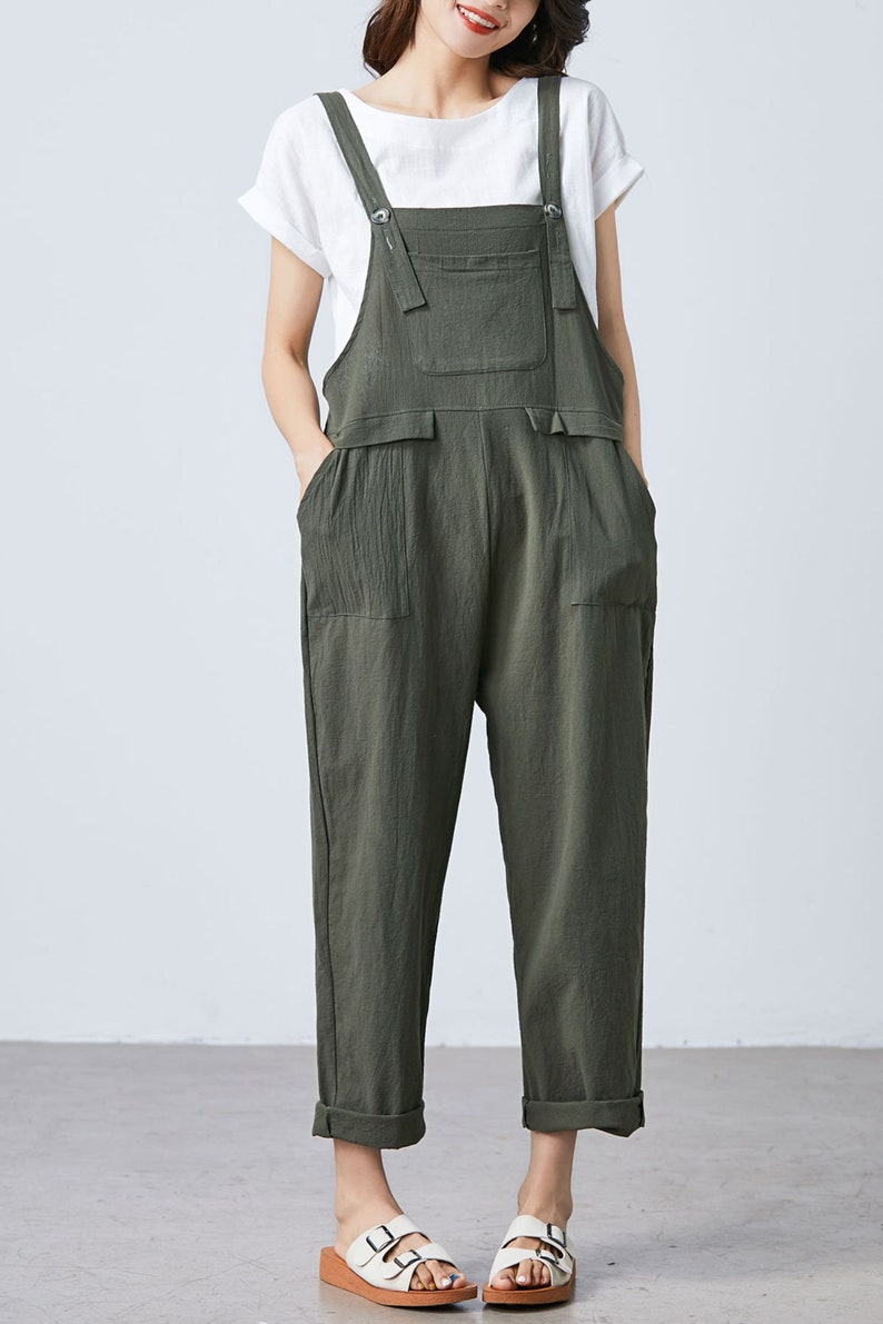 Summer green linen jumpsuit women, Casual Linen dungarees, Linen overalls, cropped leg plus size romper harem jumpsuit with pockets C1697 image 3