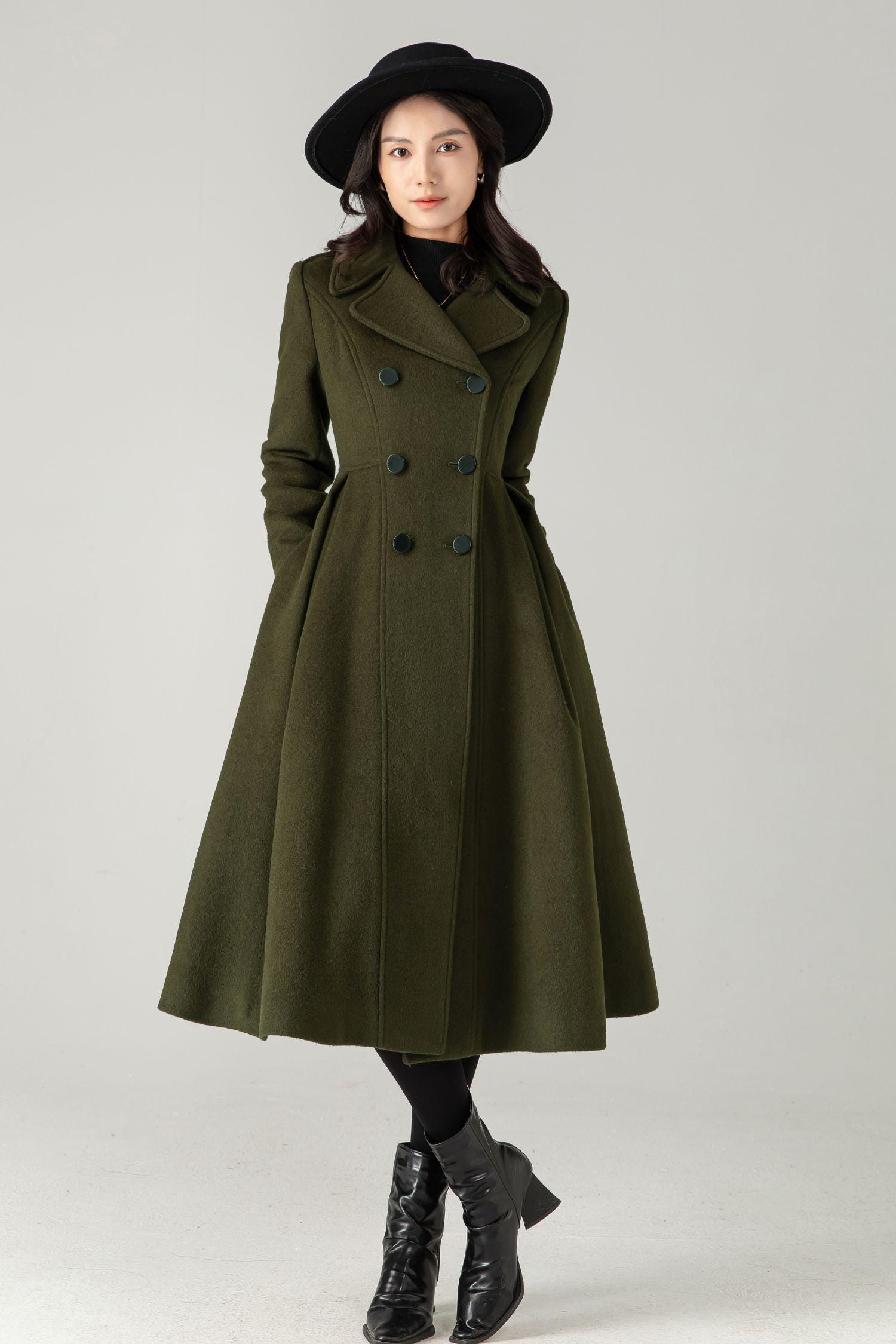Army Green Wool Swing Coat – Double Breasted Fit and Flare Winter