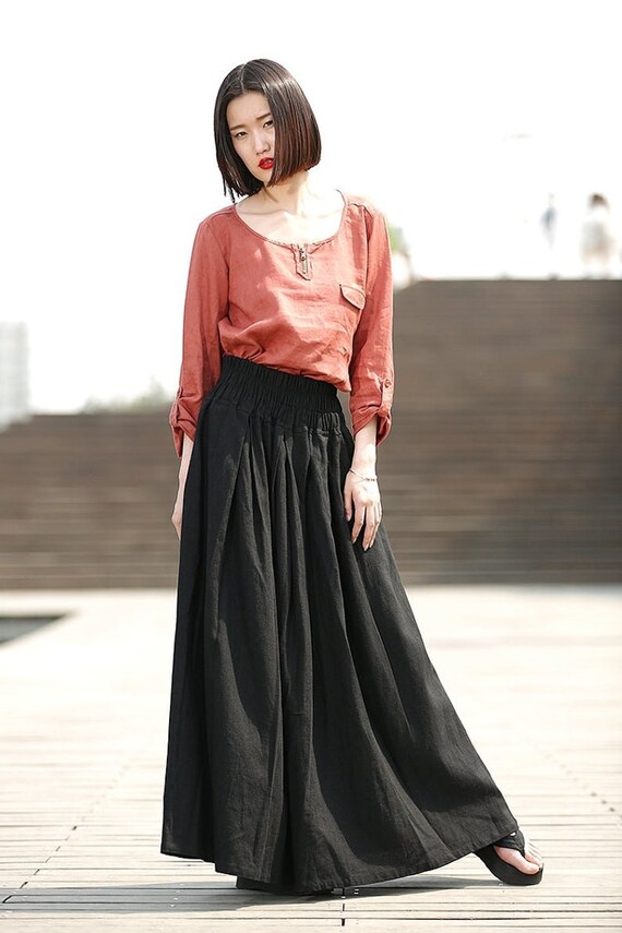 Red Linen Skirt, Maxi Skirt With Pockets, High Waisted Skirt