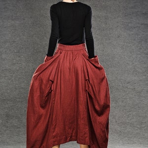 Linen skirt, Red Linen Maxi Skirt, Long Length with Asymmetrical Hemline, Ruched Detail and Deep Side Pocket Fall Autumn/Winter Fashion C050 image 6