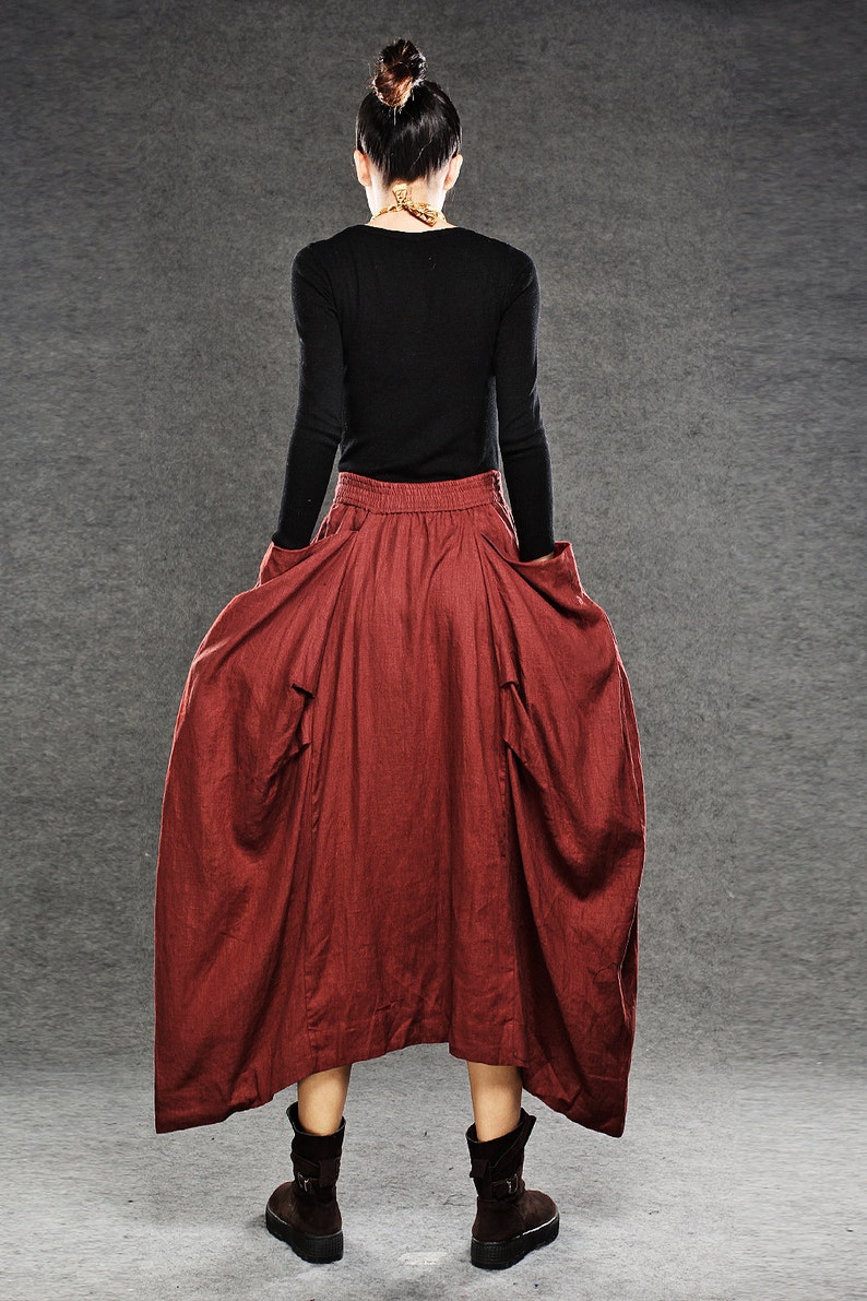 Linen skirt, Red Linen Maxi Skirt, Long Length with Asymmetrical Hemline, Ruched Detail and Deep Side Pocket Fall Autumn/Winter Fashion C050 image 6