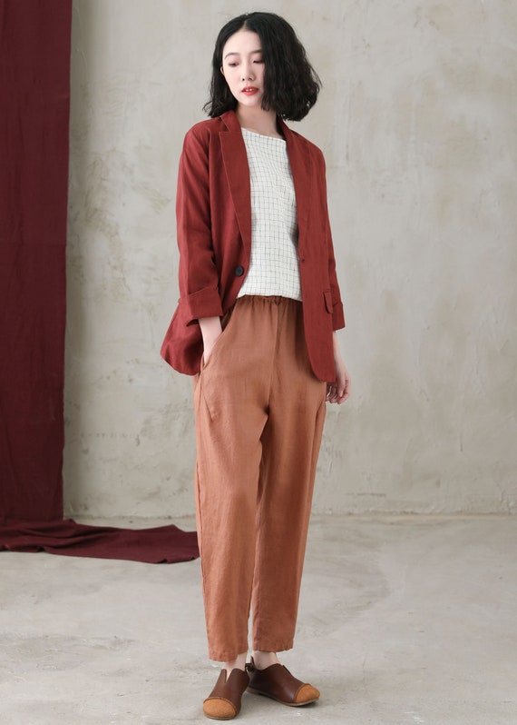 Linen Blazer Women, Custom Jacket, Red Short Coat, Red Coat, Plus Size Long Sleeve Linen Coat with Pocket, Casual Loose Women's Blazer c2738