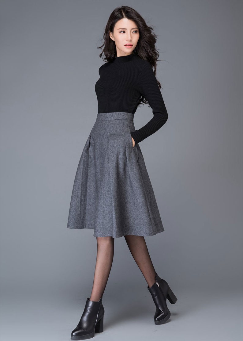 Gray wool skirt, Autumn winter Midi wool skirt, winter skirt women, Gray Wool Skirt with pockets, A Line wool skirt, wool clothing C1003 image 3