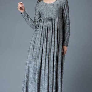 Maxi Linen dress Comfortable Linen Loose-Fitting Long Sleeved Everyday Marl Grey Midi-Length Woman's Dress C808 image 5