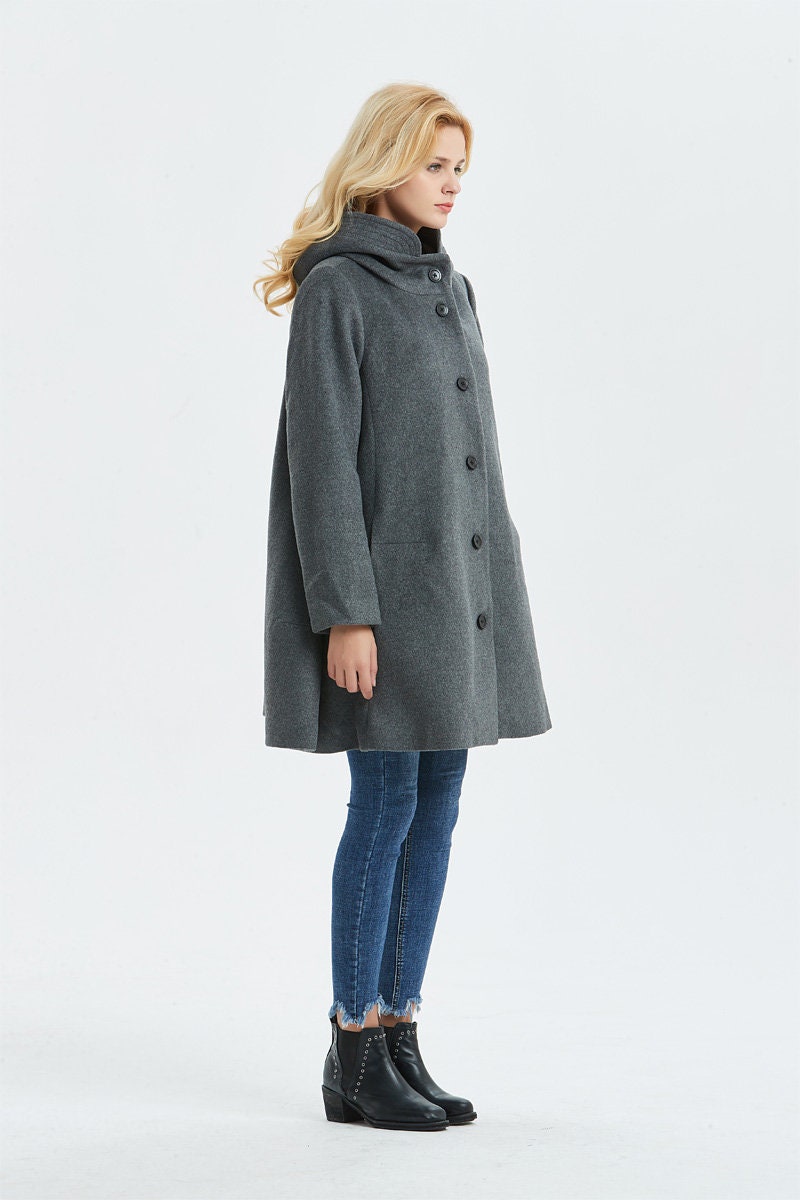 Hooded Wool Coat Swing Wool Coat in Gray Winter Coat Women | Etsy UK