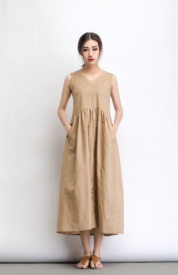 Beige Linen Dress Maxi Neutral Color V-neck Sleeveless | Etsy