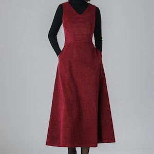 Red Corduroy dress, Womens Sleeveless Corduroy dress, Long dress, A-Line dress, Autumn Winter Corduroy Dress, Custom dress, Ylistyle C2608