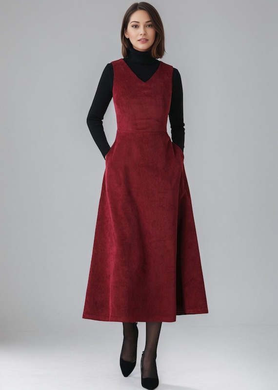 Red Corduroy Dress, Womens Sleeveless Corduroy Dress, Long Dress, A-Line Dress, Autumn Winter Corduroy Dress, Custom Dress, Ylistyle C2608