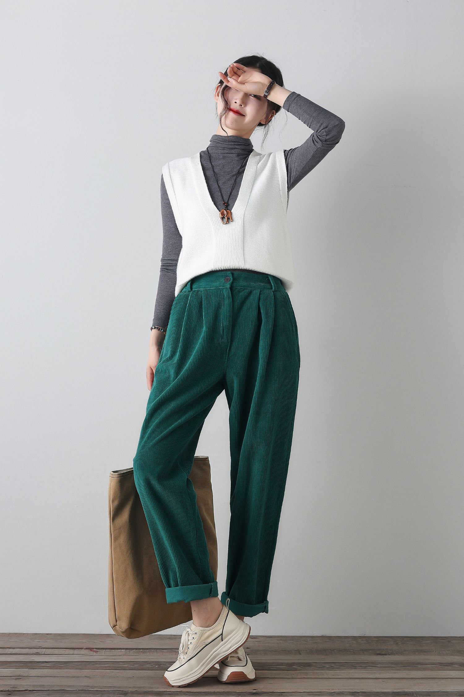 Corduroy Pants, Womens Pants, Drak Green Pants, Wide Leg