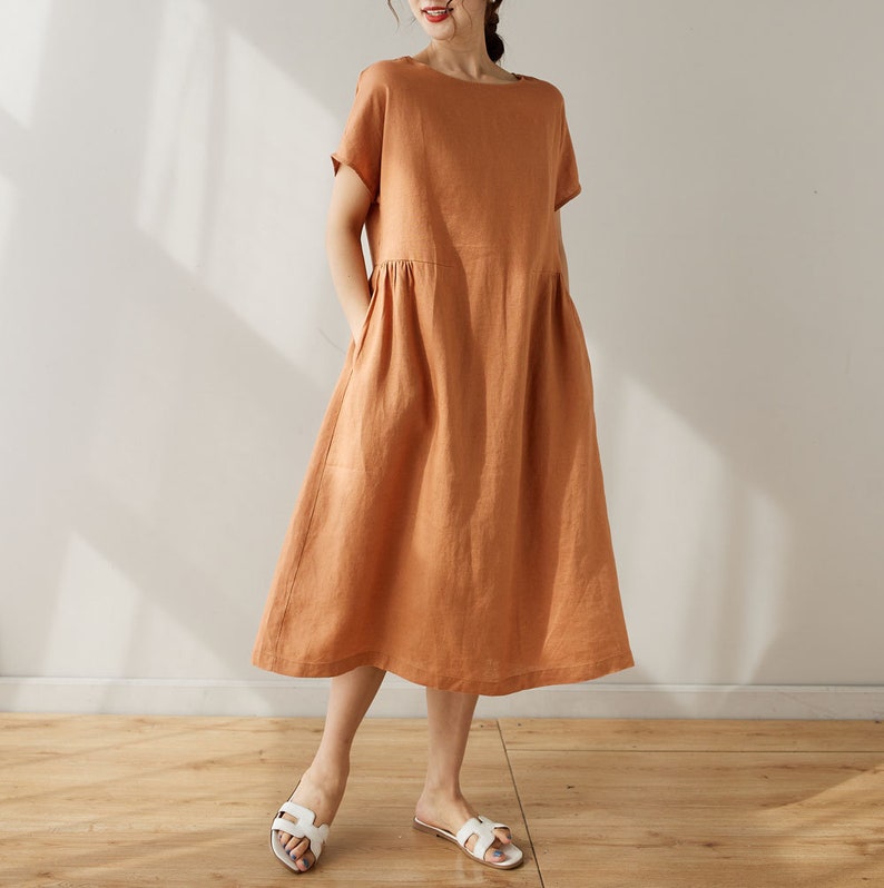 Linen Dress, Linen Midi Dress, Womens Linen Dress, Short Sleeve Dress, Summer Dress, Handmade Dress, Long Linen Dress, Custom Dress C3163 1-Orange