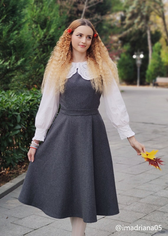 grey dress tights Gray Wool Pinafore how to wear tights with dresses and boots
