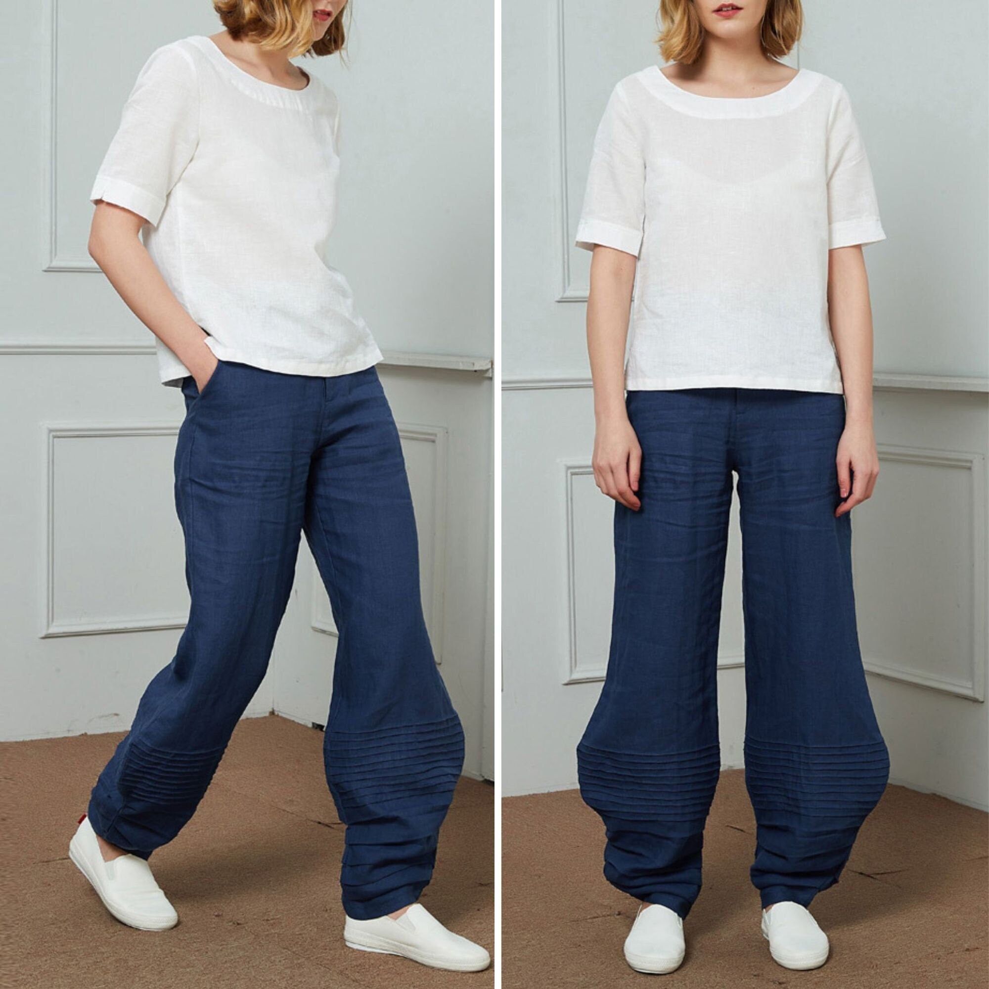 Linen pants with front pleats Blue パンツ QUYUON Wide Leg Linen Pants for Women Drawstring Elastic