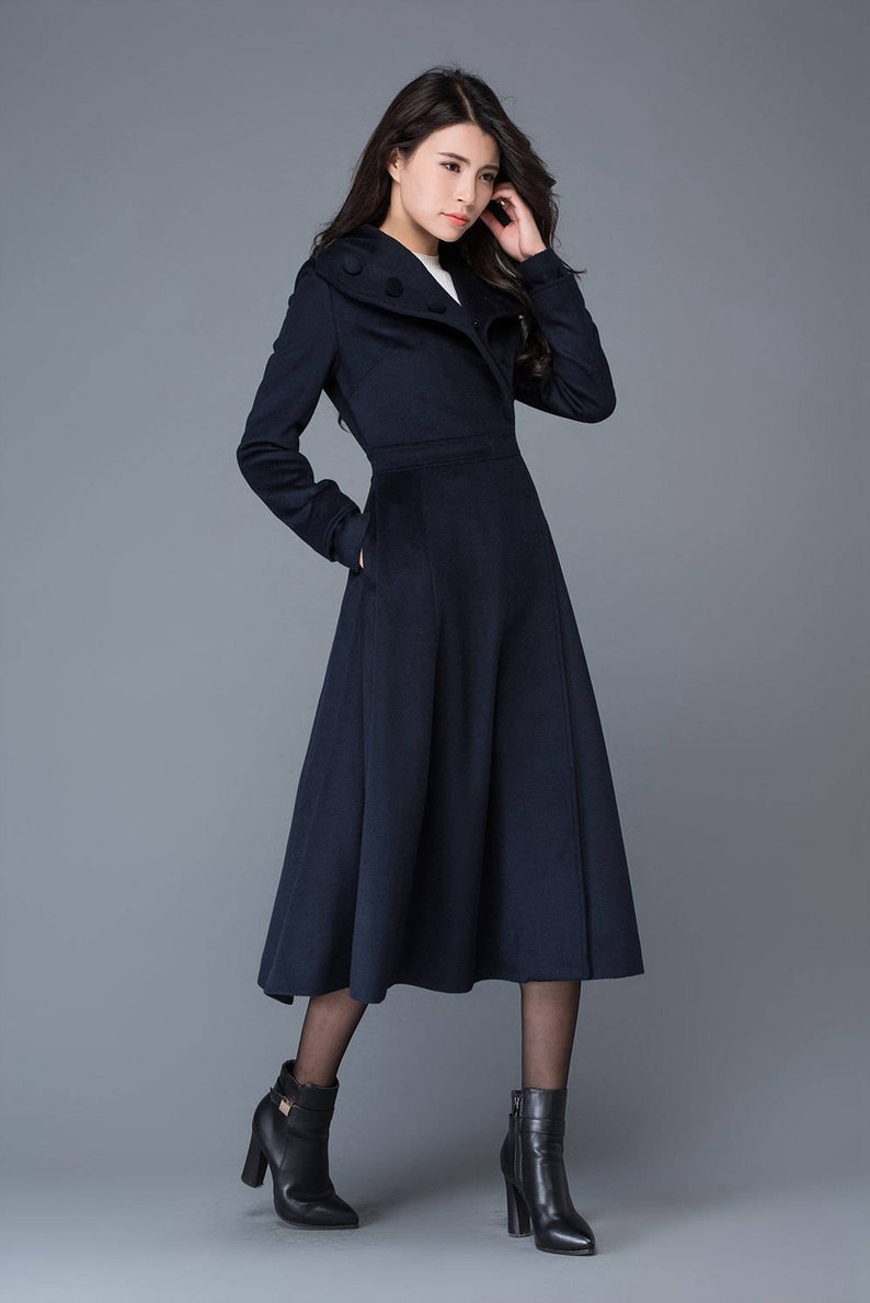 Midi wool coat, wool coat, womens winter coats, dress coat, navy blue coat, flare coat, warm coat, swing coat, made to order C1021 image 2