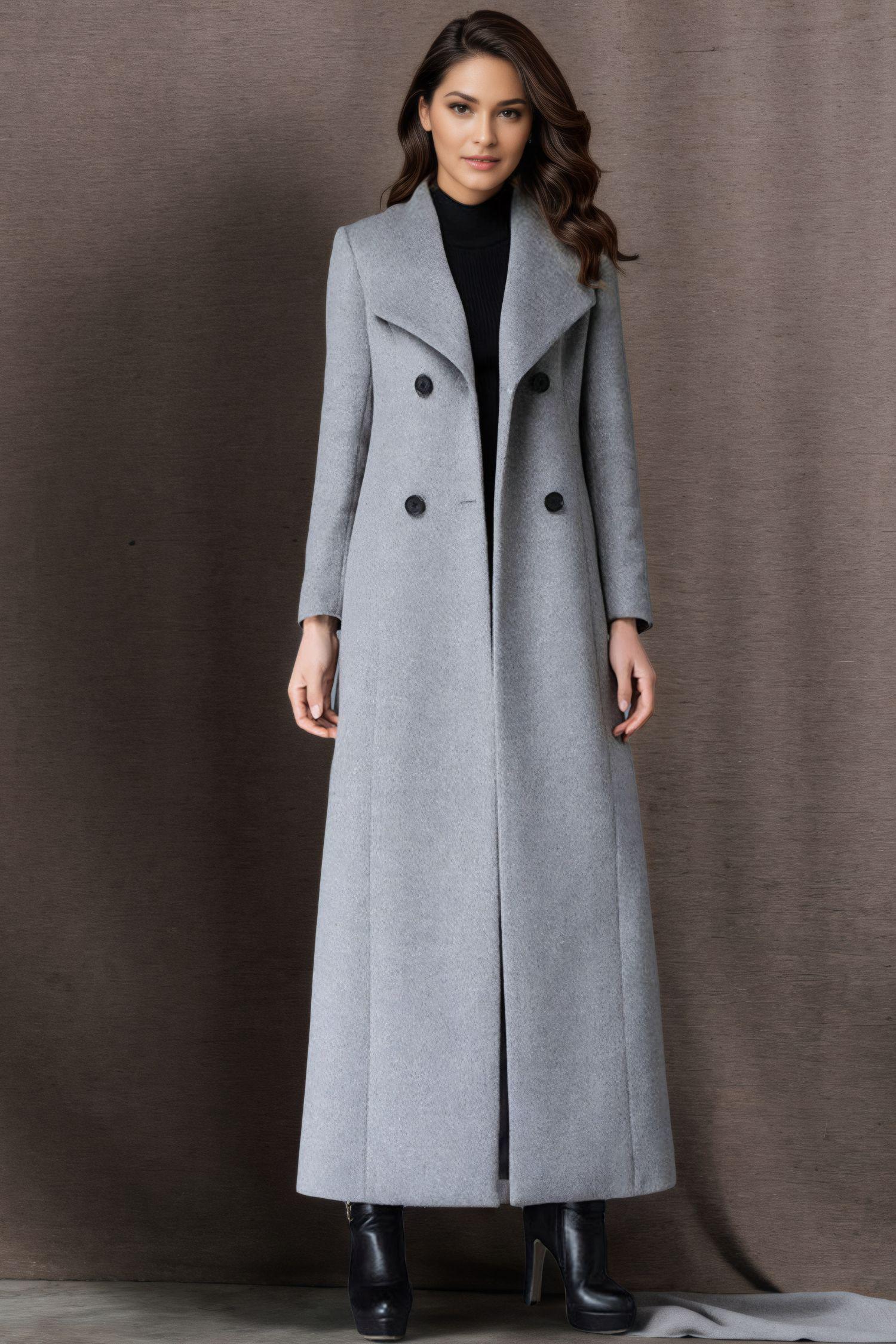 Long Wool Coat Women, Gray Wool Trench Coat, Double Breasted Long Wool Coat Women, Gray Wool Trench Coat, Double Breasted