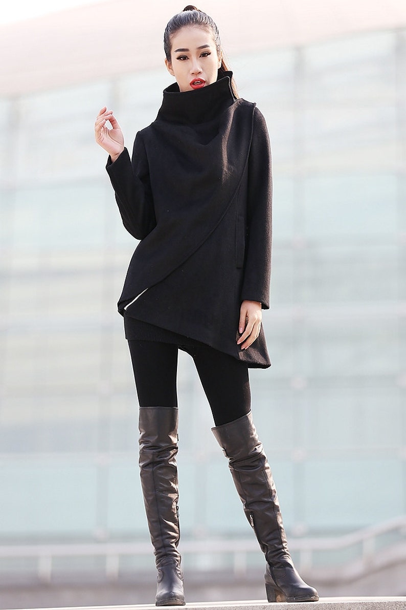 Black coat, Wool coat, winter coat, woman coat, Asymmetrical coat, high collar coat, zipper coat, short coat, handmade coat C227 image 5