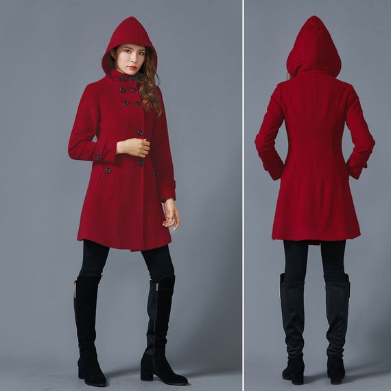 Abrigo de chaqueta de lana con capucha, abrigo rojo de mujer para invierno,  abrigo de lana