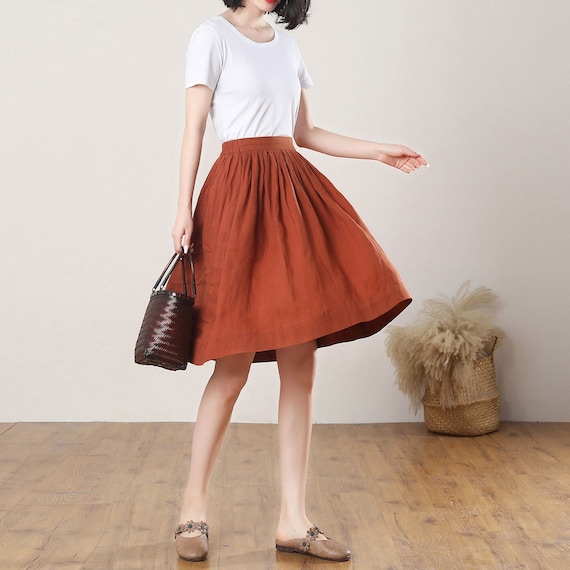 Pleated Linen Midi Skirt A Line Washed Linen Skirt High Waist Flared Skirt With Deep Pocket Elastic Waist Linen Skirt Ylistyle C3271 Etsy UK