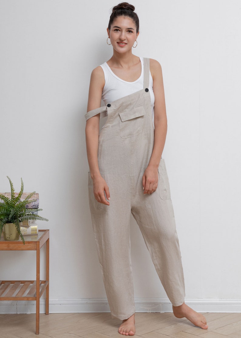 Casual Linen Overalls, Linen Jumpsuit Women, Wide Leg Linen Jumpsuits, Womens linen Romper, Linen Petite Jumpsuit, Overalls Summer C2946 image 6