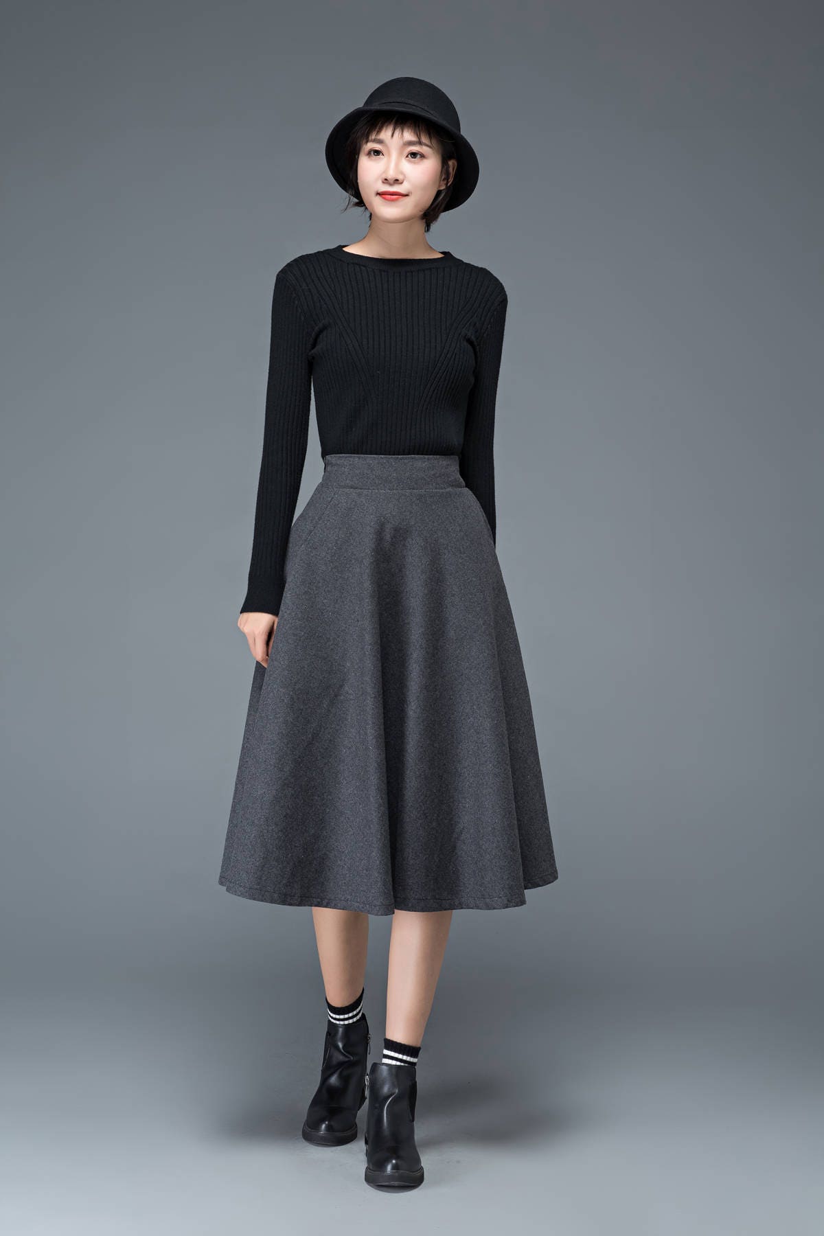 Gray wool skirt wool skirt midi skirt flare skirt dark | Etsy