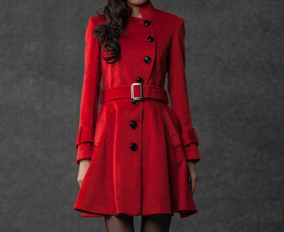 Red Wool Coat Winter Pea Oned Belted Warm Womens C797 Red Wool Coat Winter, Red Pea Coat With Bow
