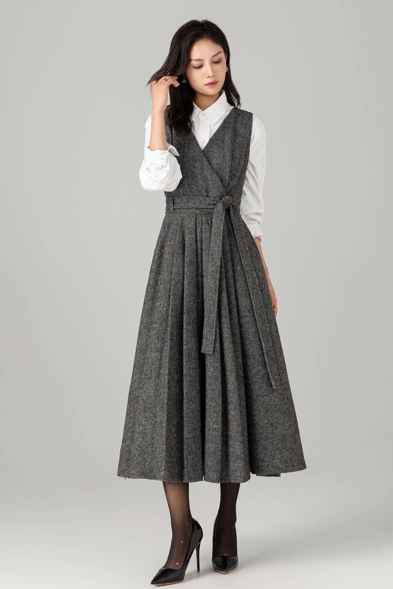 Grey Wool Blend Midi Pinafore Dress: Sleeveless A-line Pleated