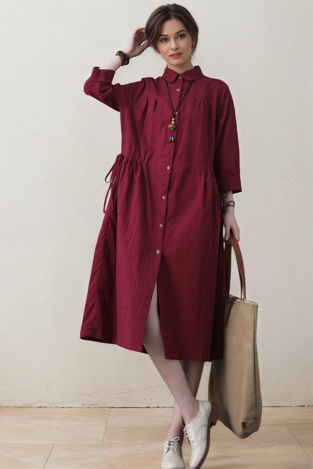 Burgundy Linen Shirt Dress: Long Sleeve Button Front Midi Dress with Drawstring Waist, Ylistyle C5392 Burgundy / XS
