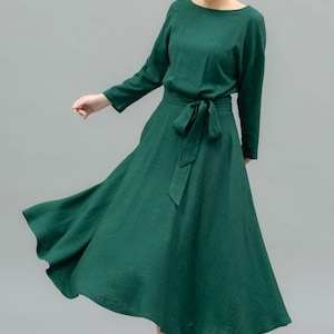 Linen Dress, Linen Midi dress, Belted Dress, Dress with Pockets, Womens Linen Dress, Spring Linen Dress, Casual Linen Dress, Ylistyle C3909 C2-Green