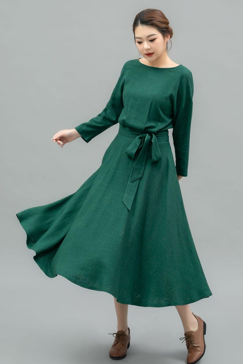 Linen Dress, Linen Midi dress, Belted Dress, Dress with Pockets, Womens Linen Dress, Spring Linen Dress, Casual Linen Dress, Ylistyle C3909 C2-Green