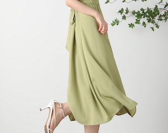 【関税込み】We11done グリーン ポリエステル ドレス Green Midi Dress, Women's V-neck Dress, Summer A-line Dress