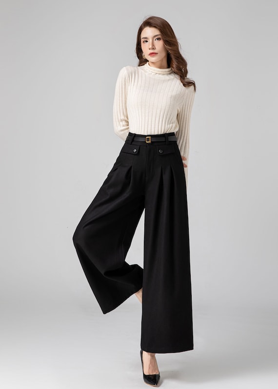 Black wide leg long wool pants women 4555 Black wide leg long wool pants women 4555