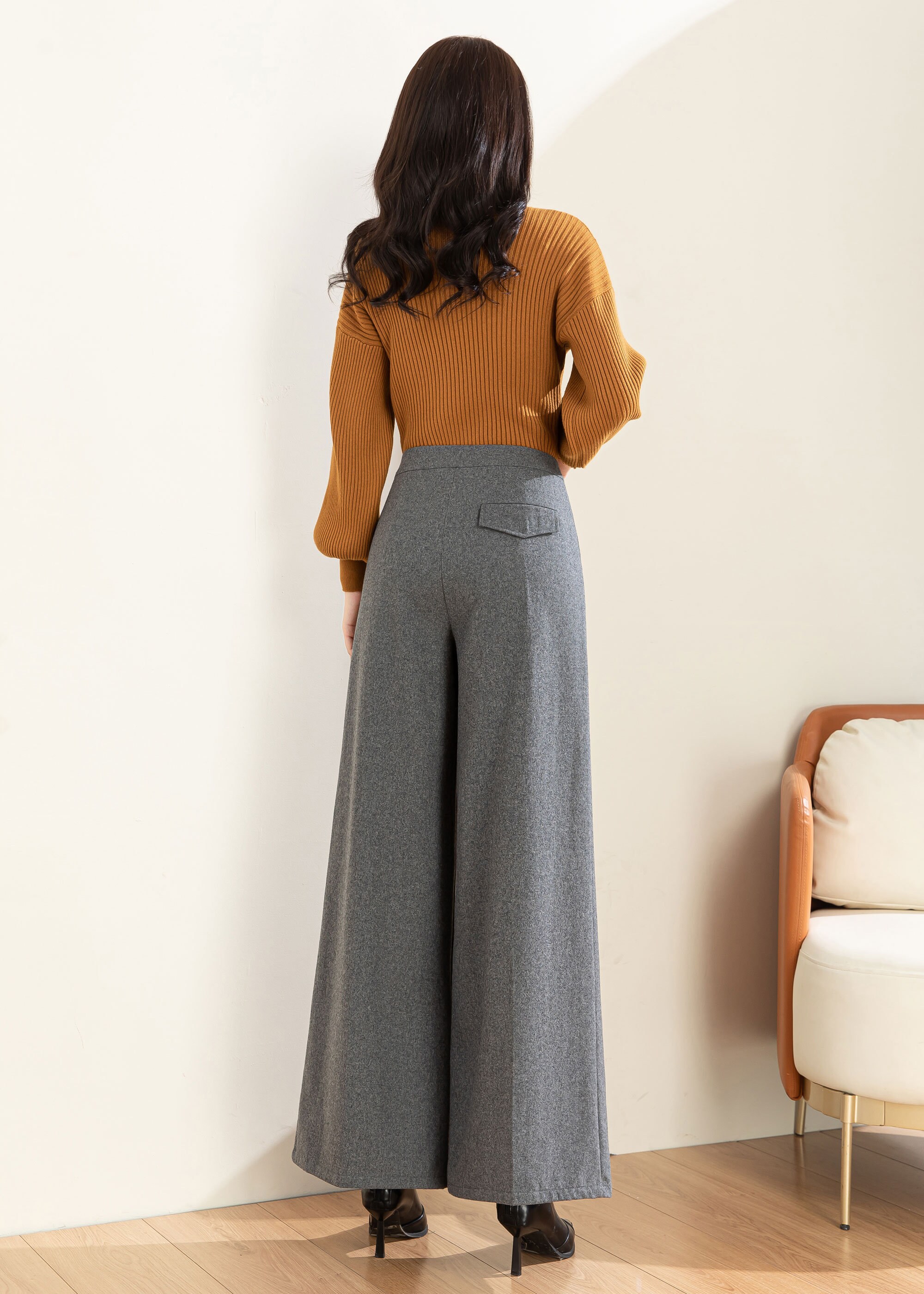 Elegant Wool Trousers Pants, High Waist Baggy Pants, Gray