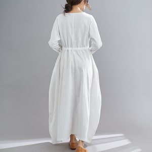 White Linen Maxi Dress, Casual Long Sleeves Maternity Dress, womens dress with drawstring wasit, Plus Size dress, Oversized Dress C1836 image 5