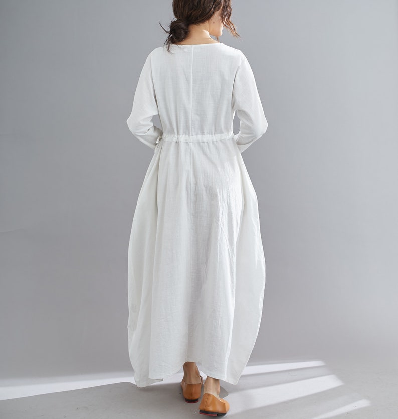 White Linen Maxi Dress, Casual Long Sleeves Maternity Dress, womens dress with drawstring wasit, Plus Size dress, Oversized Dress C1836 image 5