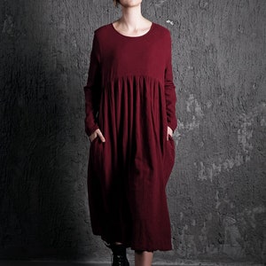 Plus Size Organic Linen Long Maternity Dress, Pleated Loose Dress with Pockets, Causal Maxi Dress Women, Long-Sleeved Dress Clothing C496 2-Burgundy