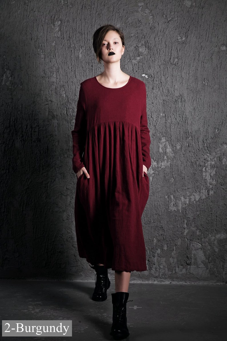 Plus Size Organic Linen Long Maternity Dress, Pleated Loose Dress with Pockets, Causal Maxi Dress Women, Long-Sleeved Dress Clothing C496 2-Burgundy