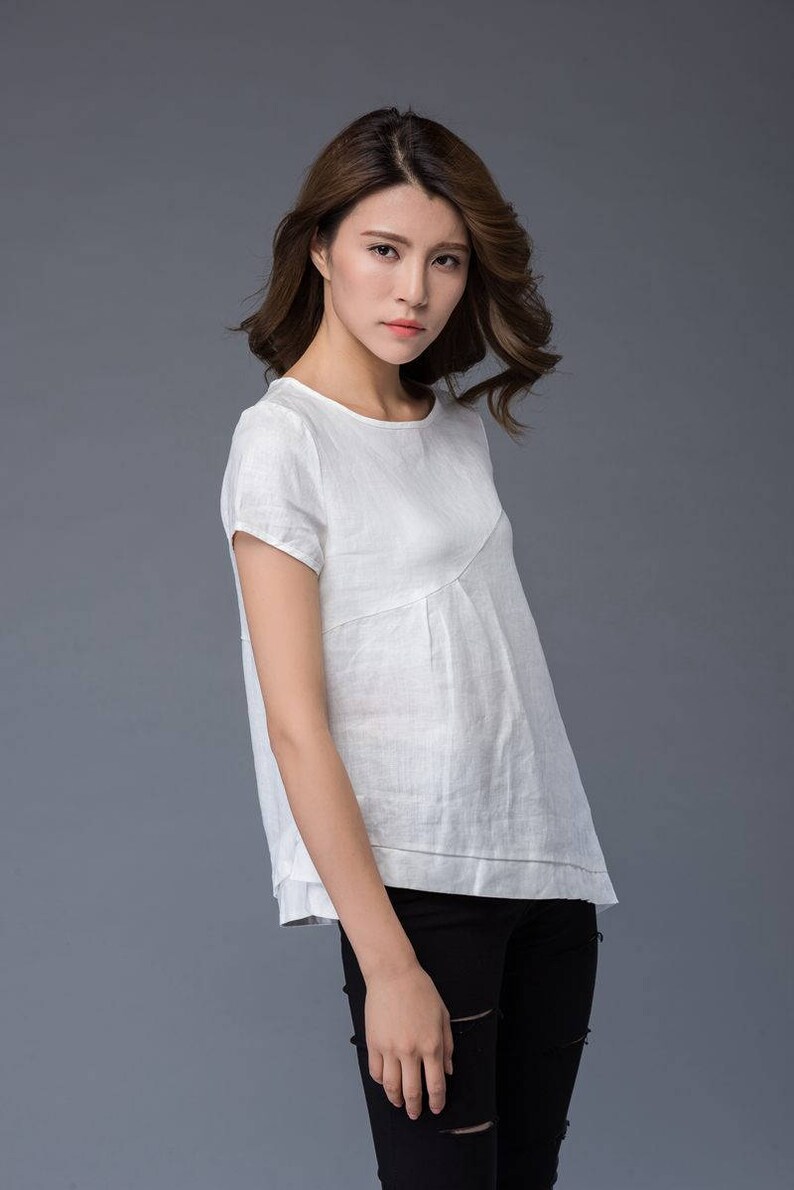 T-shirt en lin blanc, T-shirt irrégulier, col rond, T-shirt ample, T-shirt décontracté pour femme C949 image 3