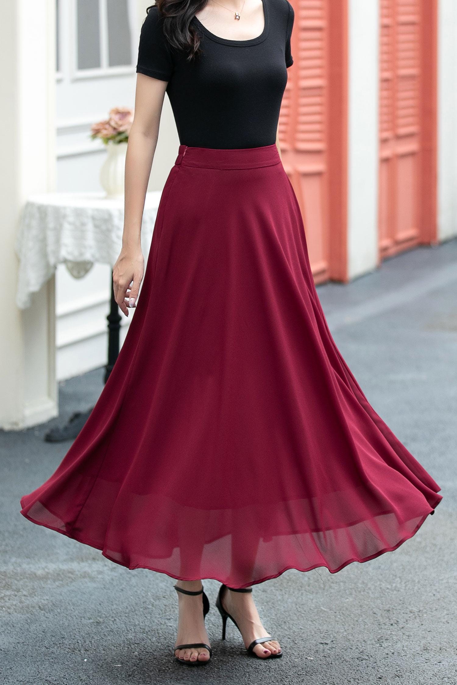 A-line Burgundy Chiffon Maxi Skirt, Women Summer Long
