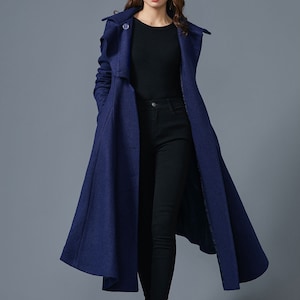 Hooded Wool Coat Women, Blue Wool Winter Coat, Asymmetric Long Wool ...