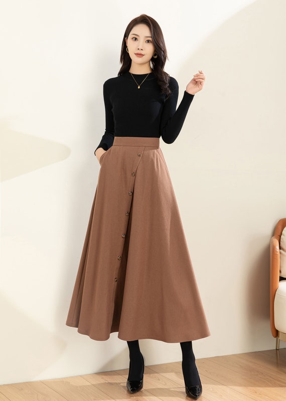 Midi Wool Skirt, A Line Skirt, Winter Skirt Women, Button Midi Wool Skirt, A Line Skirt, Winter Skirt Women, Button