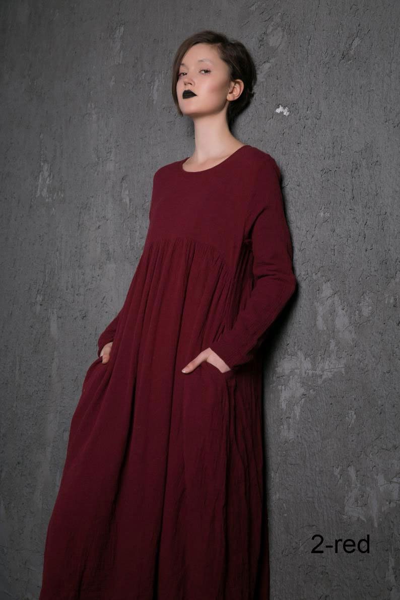 Maxi Linen dress Comfortable Linen Loose-Fitting Long Sleeved Everyday Marl Grey Midi-Length Woman's Dress C808 2-red