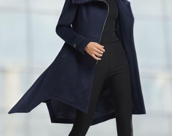Blue Asymmetrical Wool Coat, Winter Warm Coat, Womens Wool Jacket