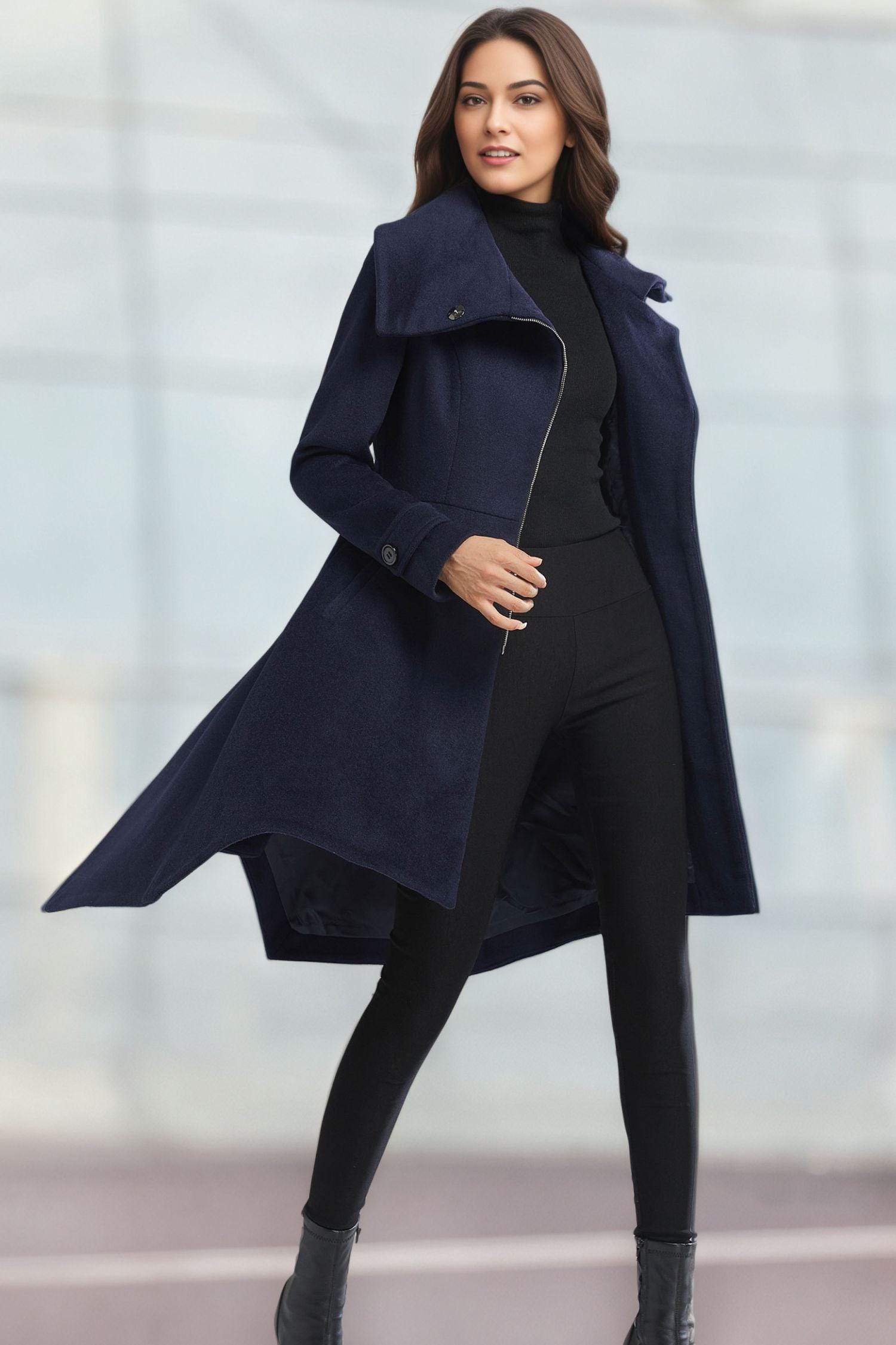 Blue Asymmetrical Wool Coat, Winter Warm Coat, Womens Wool Jacket