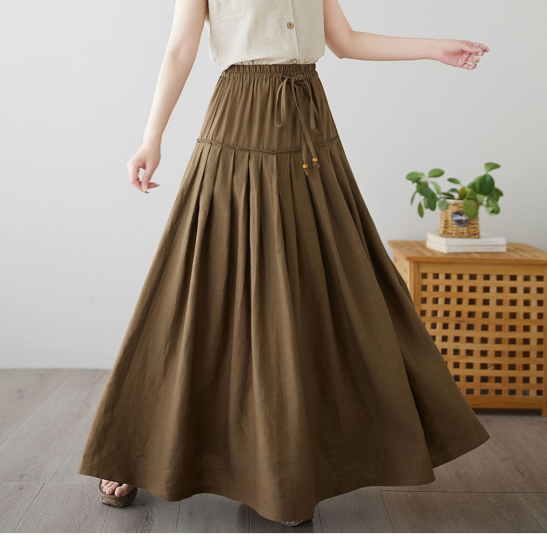 Women Linen Maxi Skirt, Brown Flowy Pleated A-line Skirt, High