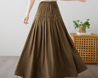 Women Linen Maxi Skirt, Brown Flowy Pleated A-line Skirt, High Waist Boho Skirt, Summer Cottagecore Outfit, Custom skirt, Ylistyle C4892