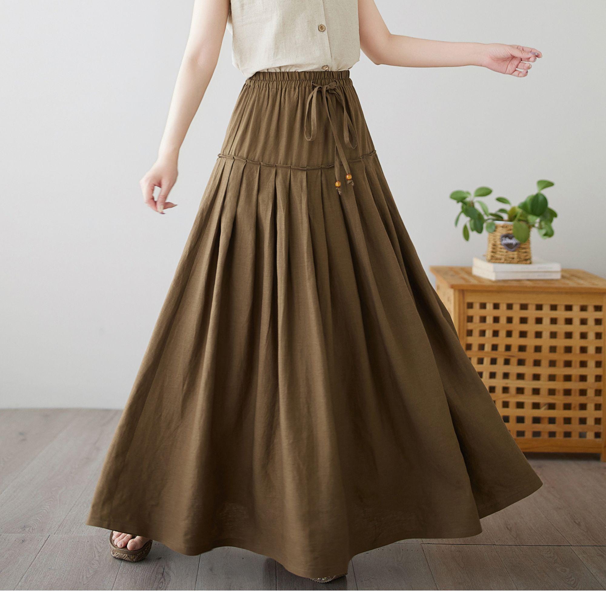 Women Linen Maxi Skirt, Brown Flowy Pleated A-line Skirt, High