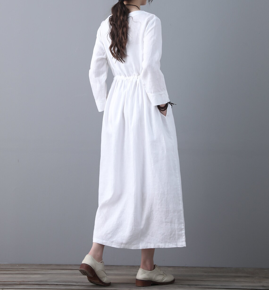 White Linen Dress 3/4 Sleeves Dress Summer Classic linen Etsy
