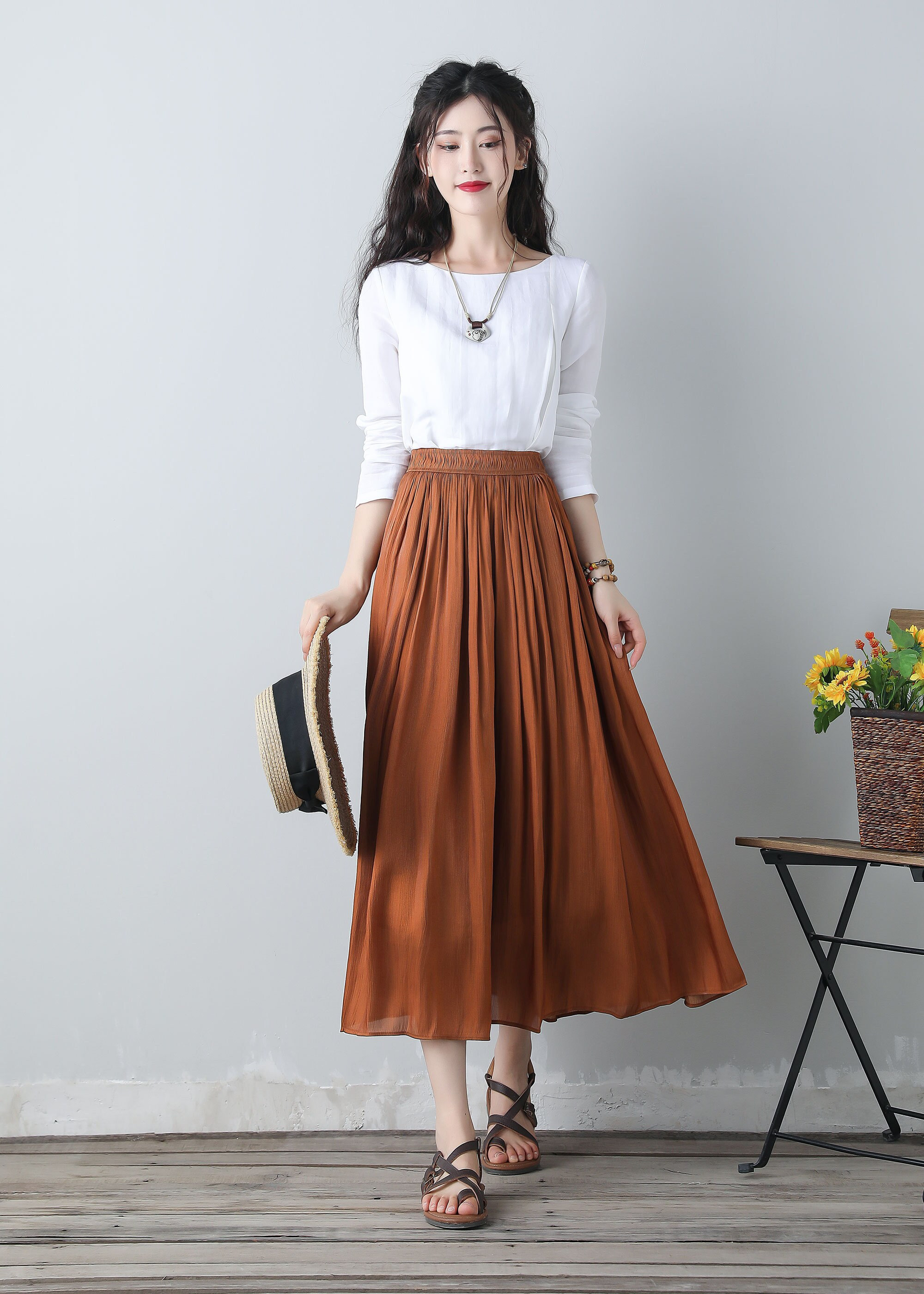 Summer Skirt, Pleated Skirt women, Swing Skirt, Skirt for women, midi Chiffon Skirt, Orange skirt, Elastic Waist Skirt, Handmade Skirt C3461