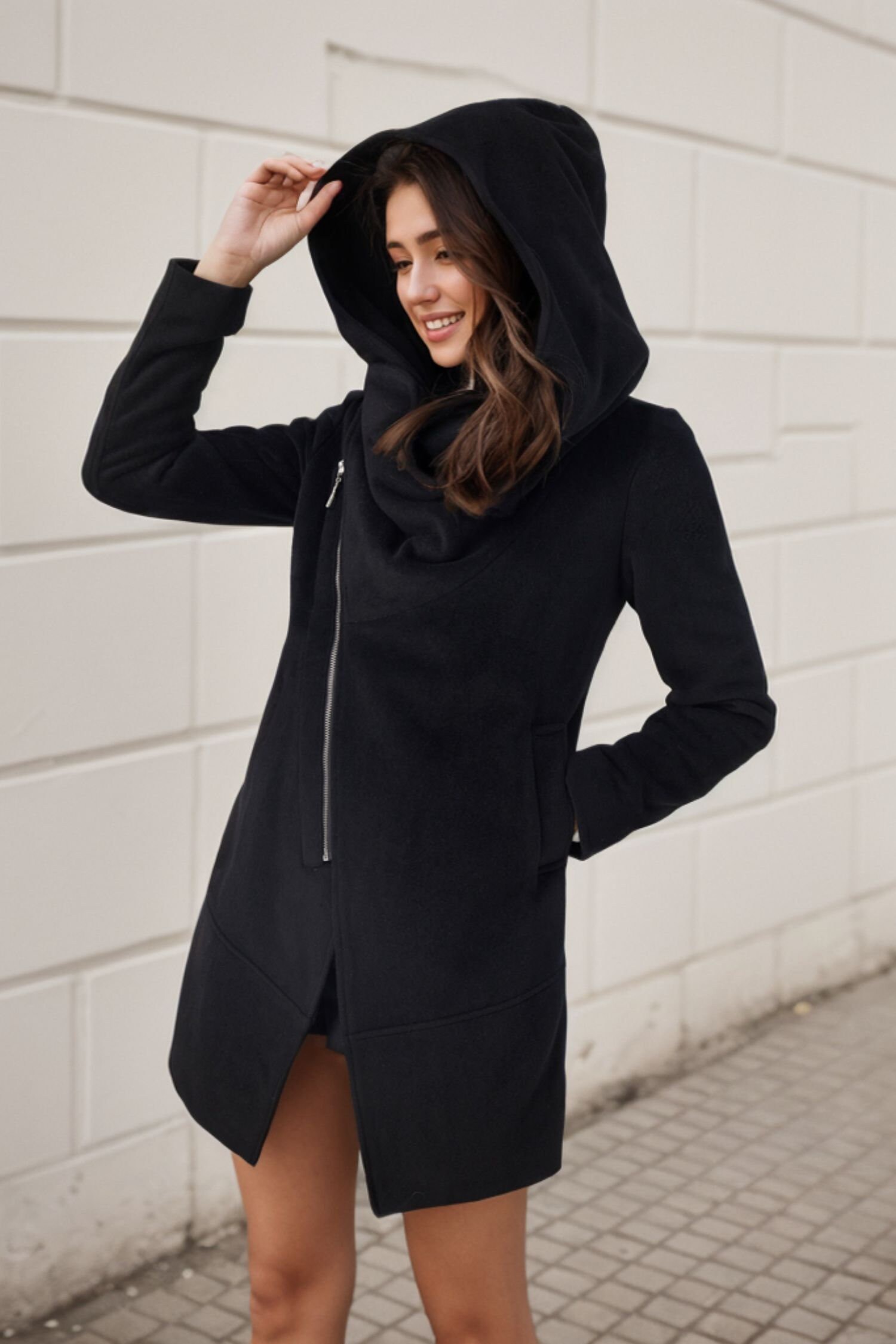 Black Wool Coat, Winter Wool Coat, Hooded Wool Coat