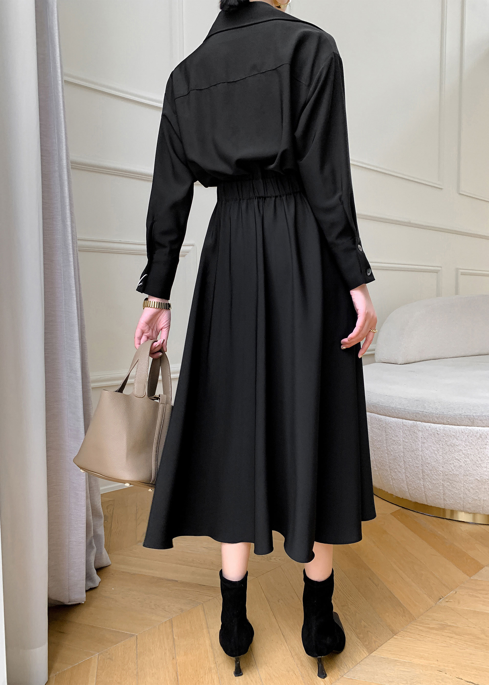 Black Midi Shirt Dress, Long Sleeve Shirt Dress, Loose